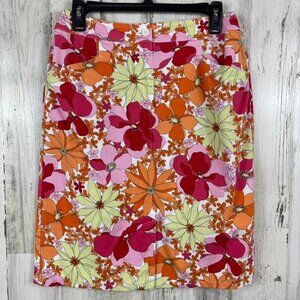 Talbots floral print knee length skirt size 8 pink orange vibrant casual biz